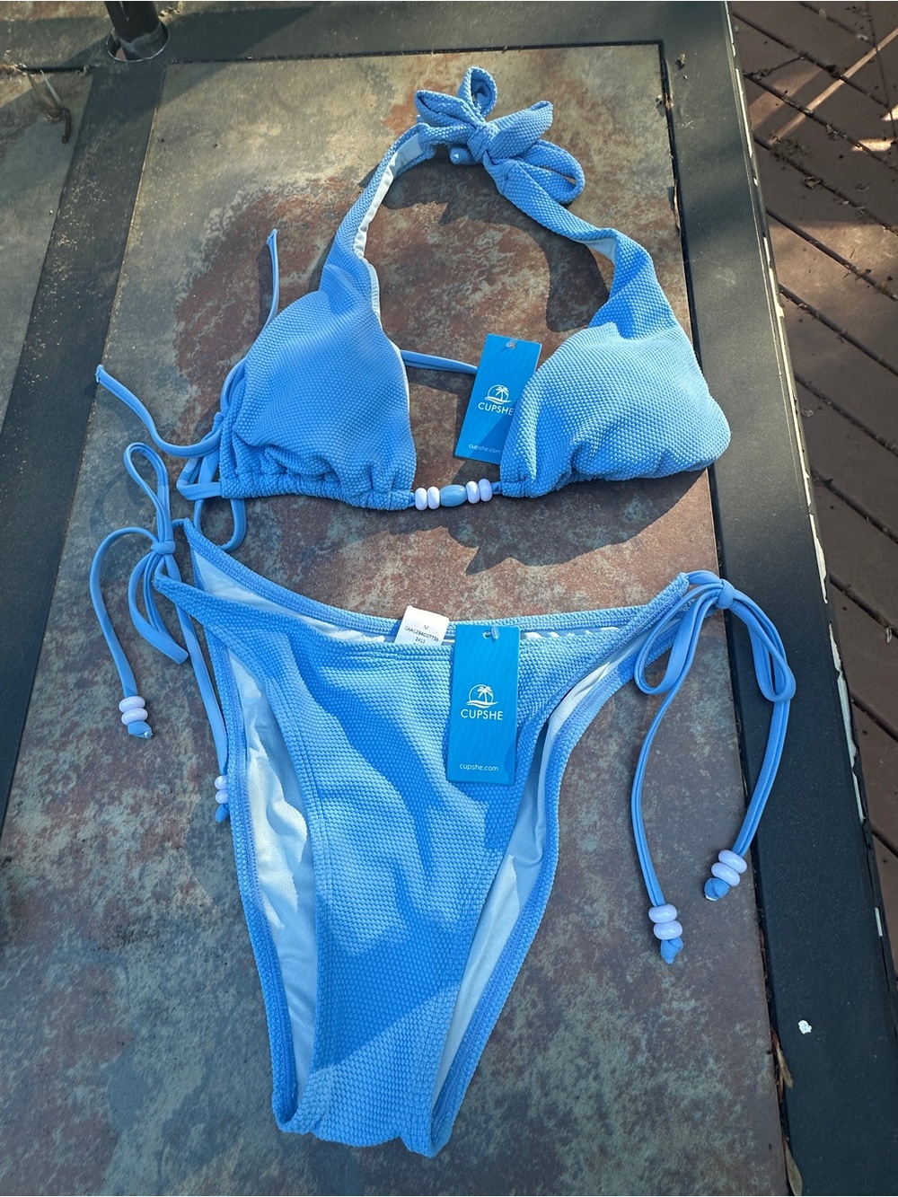 Cupshe Light Blue Textured Tie-Side Bikini- Top-large and bottom-medium.